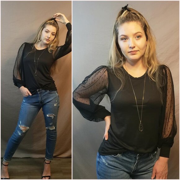 Black Sheer Balloon Sleeve Swiss Dot Soft Shirt - Picture 6 of 6